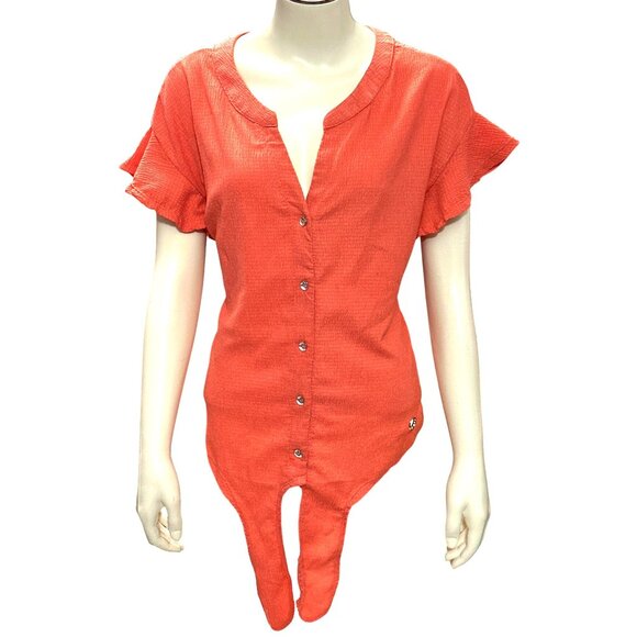 Adrienne Vittadini Coral Red Button Short Sleeve Tie Front Chic Retro Blouse XL - Picture 2 of 12
